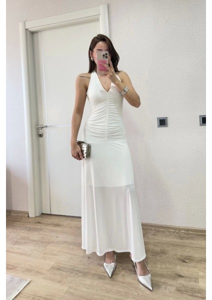 Sırt Dekolteli Uzun Kollu Elbise - Beyaz