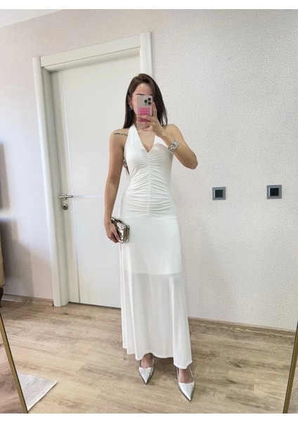 Sırt Dekolteli Uzun Kollu Elbise - Beyaz fiyatları