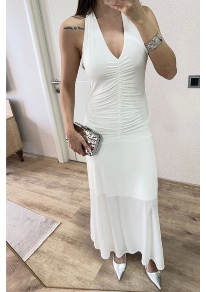 Sırt Dekolteli Uzun Kollu Elbise - Beyaz modelleri