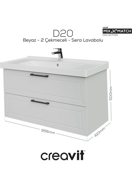 D20 100 cm Iki Çekmeceli Lavabo Dolabı Beyaz Lake Kapak