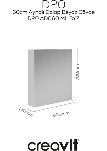 D20 60 cm Beyaz Aynalı Dolap Melamin Gövde fiyatları