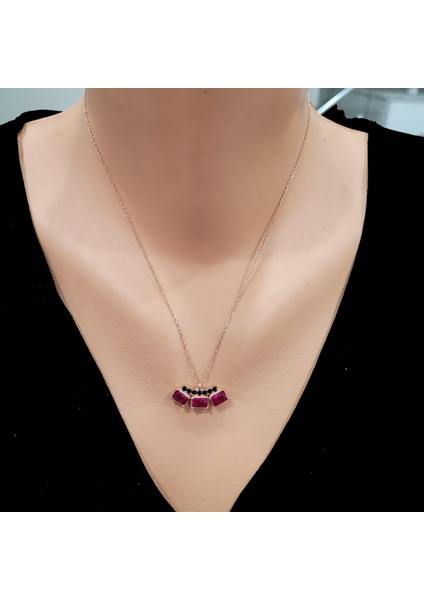 925 Ayar Gümüş 3 Taşlı Kolye, Pembe - Kırmızı, Siyah Taş