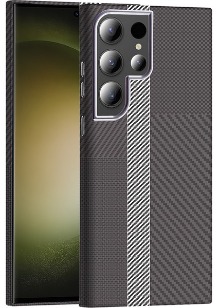 Galaxy S23 Ultra Kılıf M-Safe Şarj Özellikli Karbon Fiber Görünümlü Alt Gros Kapak - Gri-Siyah
