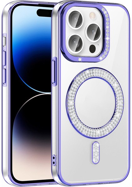 iPhone 14 Pro Max Kılıf Pırlanta Taş Tasarımlı M-Safe Şarj Özellikli Karetta Silikon Kapak