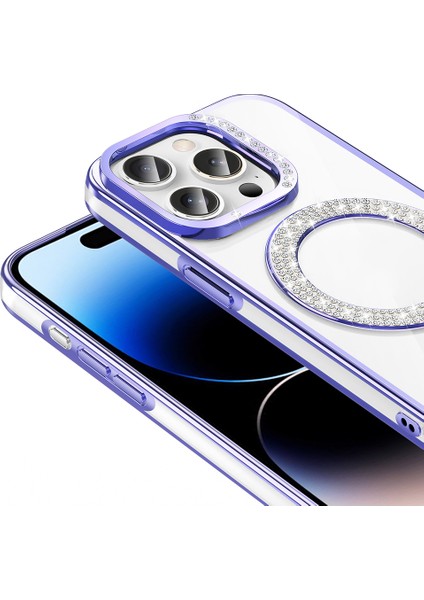 iPhone 14 Pro Max Kılıf Pırlanta Taş Tasarımlı M-Safe Şarj Özellikli Karetta Silikon Kapak