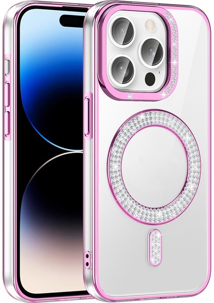 iPhone 14 Pro Max Kılıf Pırlanta Taş Tasarımlı M-Safe Şarj Özellikli Karetta Silikon Kapak