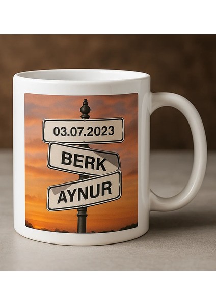 Kişiye Aşkın Yol Tabelası Tasarımlı Beyaz Kupa Bardak -1, Sevgiliye Hediye, Eşe Hediye, Yıldönümü Hediyesi