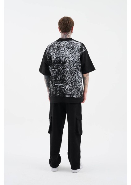 0 Yaka Rug Pattern Flock Prınted Tee Erkek Oversize T-Shirt