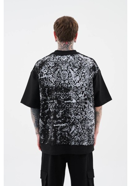 0 Yaka Rug Pattern Flock Prınted Tee Erkek Oversize T-Shirt fırsatları