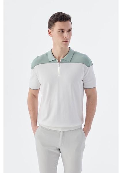 Mint Beyaz Slim Fit Fermuarlı Polo Yaka T-Shirt