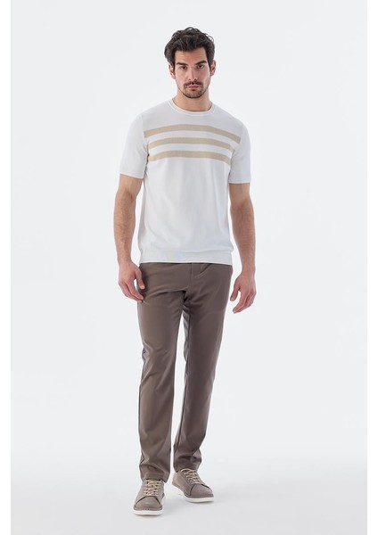 Beyaz Slim Fit Bisiklet Yaka Desenli Triko T-Shirt