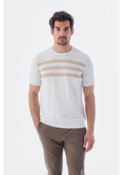 Beyaz Slim Fit Bisiklet Yaka Desenli Triko T-Shirt fiyatları