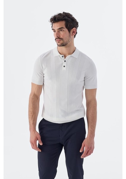 Beyaz Slim Fit Desenli Polo Yaka T-Shirt