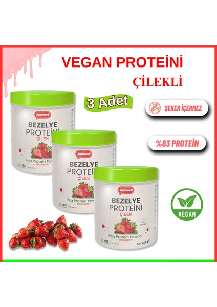 Çilek Aromalı Vegan Bezelye Proteini 400 gr x 3 Adet - %83 Protein Içerir Pae Protein Powder Strawberry