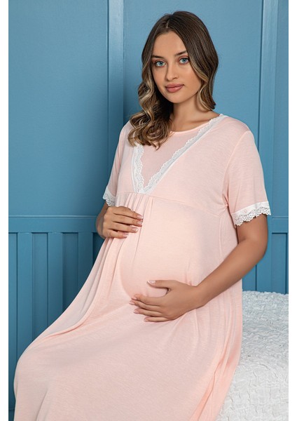 Hamile Pembe Önden Bölmeli Dantelli Emzirme Özellikli Hamile Geceliği KRY08 modelleri