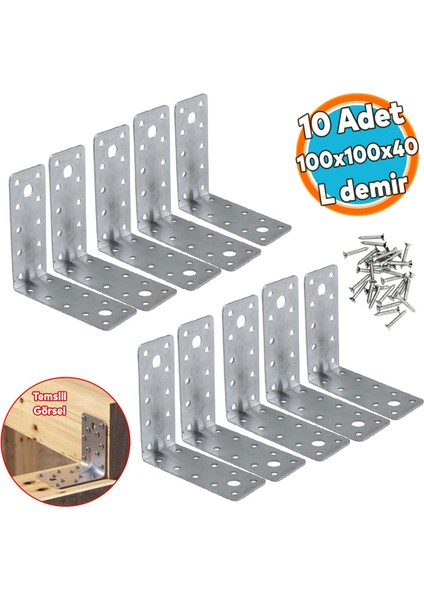 10 Adet Mobilya Dolap Duvar Sabitleme Metal Köşebent 100X100X40 mm Bağlantı Aparatı L Demiri Gönye