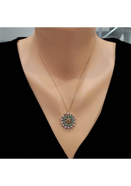 925 Ayar Gümüş Yuvarlak Taşlı Kolye, Pembe - Kırmızı Sarı Yeşil Beyaz Taş