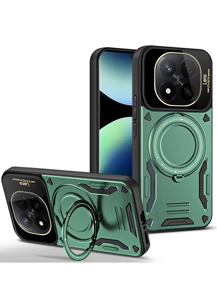 Xiaomi Redmi Note 14 Pro Plus ile Uyumlu Kılıf Joy Joy Stand Olabilen Lens Korumalı 360° Derece Dönen Halak Yüzük Aparatlı Kapak Koyu Yeşil