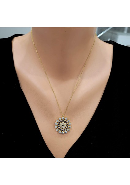 925 Ayar Gümüş Yuvarlak Taşlı Kolye, Sarı - Siyah Mavi Beyaz Taş