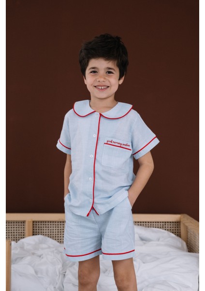 Sunday Kırmızı Biyeli Mavi Unisex Çocuk Şort Pijama Altı