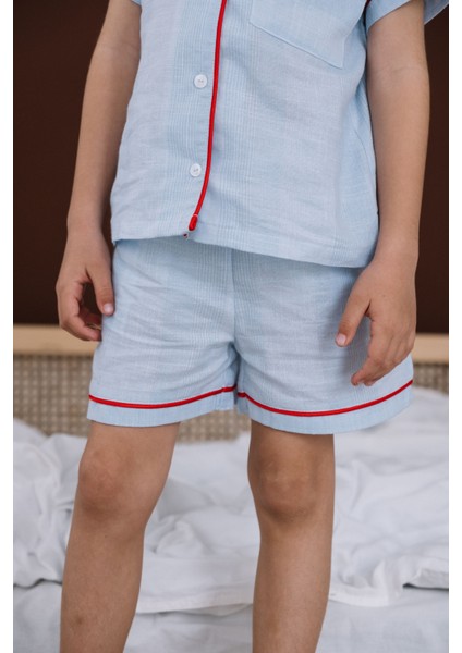 Sunday Kırmızı Biyeli Mavi Unisex Çocuk Şort Pijama Altı