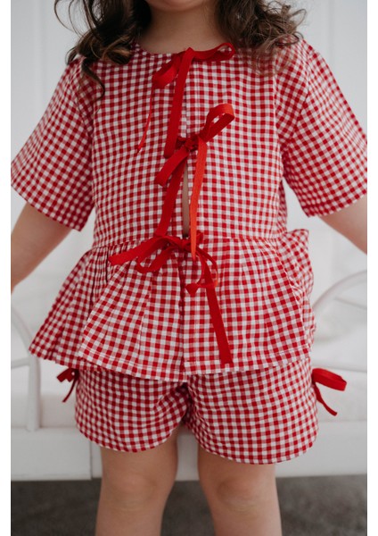 Check Kırmızı Ekoseli ve Fiyonklu Kız Çocuk Şort Pijama Altı