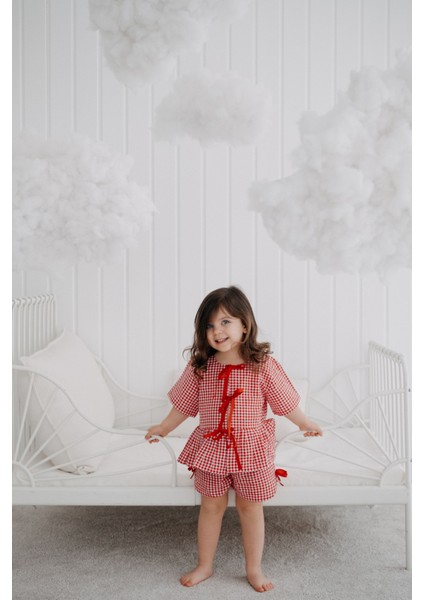 Check Kırmızı Ekoseli ve Fiyonklu Kız Çocuk Şort Pijama Altı
