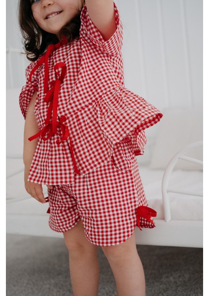 Check Kırmızı Ekoseli ve Fiyonklu Kız Çocuk Şort Pijama Altı