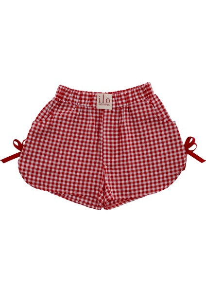 Check Kırmızı Ekoseli ve Fiyonklu Kız Çocuk Şort Pijama Altı