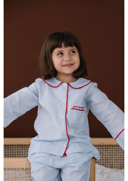 Sunday Kırmızı Nakışlı Mavi Unisex Çocuk Uzun Kollu Pijama Üstü