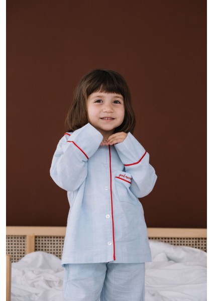 Sunday Kırmızı Nakışlı Mavi Unisex Çocuk Uzun Kollu Pijama Üstü