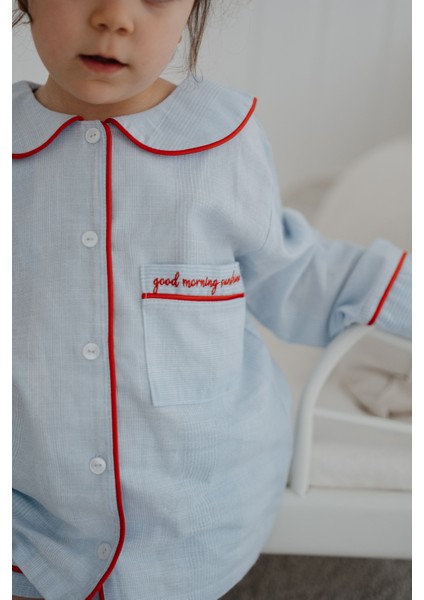 Sunday Kırmızı Nakışlı Mavi Unisex Çocuk Uzun Kollu Pijama Üstü