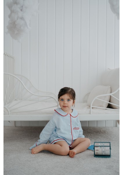 Sunday Kırmızı Nakışlı Mavi Unisex Çocuk Uzun Kollu Pijama Üstü