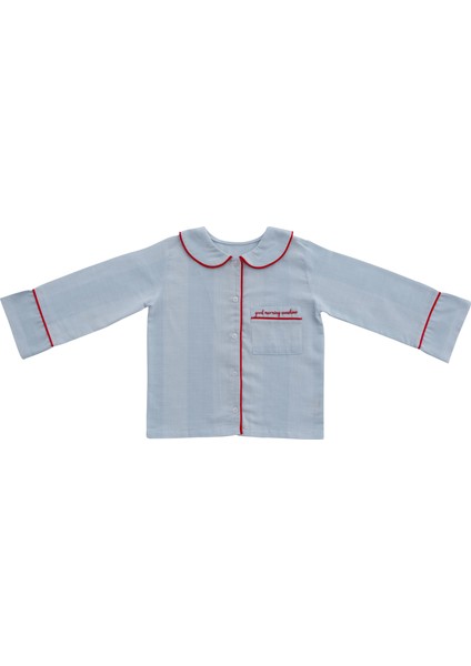 Sunday Kırmızı Nakışlı Mavi Unisex Çocuk Uzun Kollu Pijama Üstü