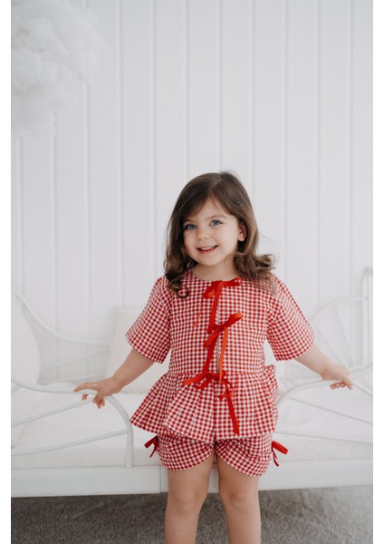 Bows In Red Kırmızı Ekoseli Balon Kollu ve Fiyonklu Kız Çocuk Pijama Üstü