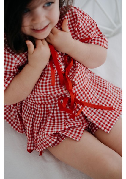 Bows In Red Kırmızı Ekoseli Balon Kollu ve Fiyonklu Kız Çocuk Pijama Üstü