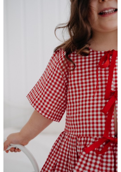 Bows In Red Kırmızı Ekoseli Balon Kollu ve Fiyonklu Kız Çocuk Pijama Üstü