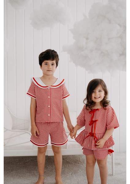 Bows In Red Kırmızı Ekoseli Balon Kollu ve Fiyonklu Kız Çocuk Pijama Üstü