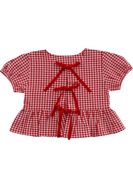 Bows In Red Kırmızı Ekoseli Balon Kollu ve Fiyonklu Kız Çocuk Pijama Üstü