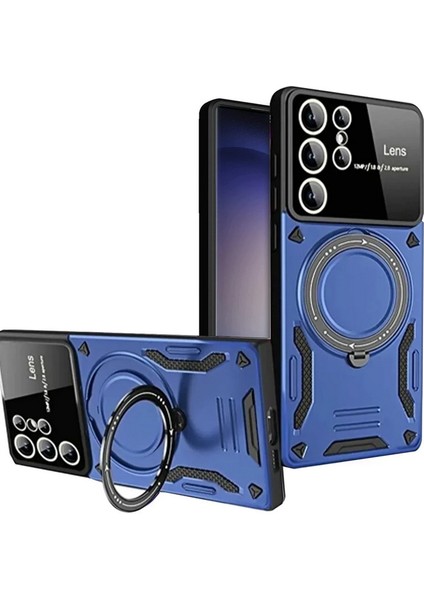Samsung Galaxy S25 Ultra ile Uyumlu Kılıf Joy Joy Stand Olabilen Lens Korumalı 360° Derece Dönen Halak Yüzük Aparatlı Kapak Lacivert