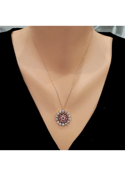 925 Ayar Gümüş Yuvarlak Taşlı Kolye, Pembe - Siyah Kırmızı Beyaz Taş