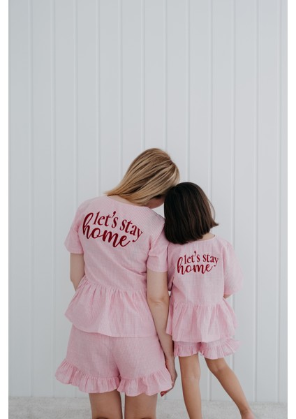 Frill Pembe Çizgili Paçaları Fırfırlı Kız Çocuk Şort Pijama Altı