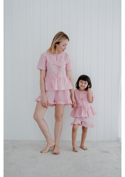 Frill Pembe Çizgili Paçaları Fırfırlı Kız Çocuk Şort Pijama Altı