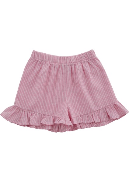 Frill Pembe Çizgili Paçaları Fırfırlı Kız Çocuk Şort Pijama Altı