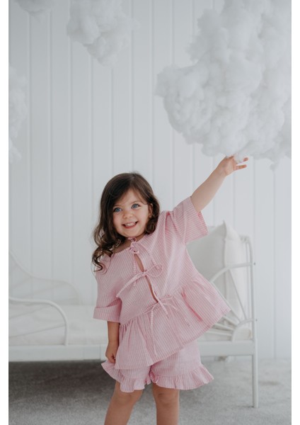 Frill Pembe Çizgili Paçaları Fırfırlı Kız Çocuk Şort Pijama Altı