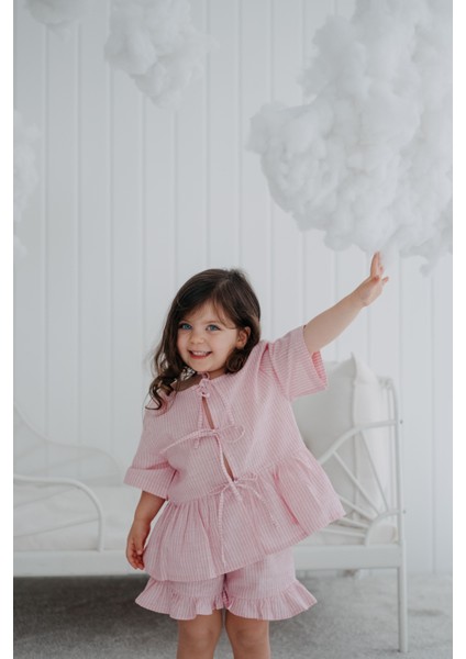 Frill Pembe Çizgili Paçaları Fırfırlı Kız Çocuk Şort Pijama Altı modelleri