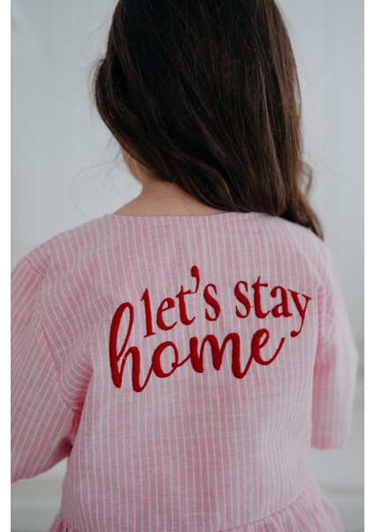 Bows In Pink Pembe Çizgili Balon Kollu Fiyonklu ve Nakışlı Kız Çocuk Pijama Üstü