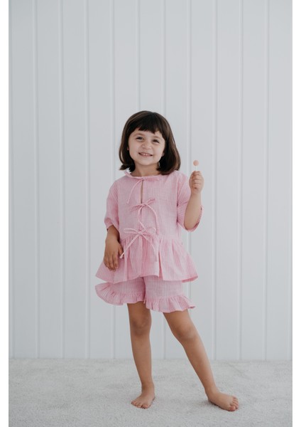 Bows In Pink Pembe Çizgili Balon Kollu Fiyonklu ve Nakışlı Kız Çocuk Pijama Üstü
