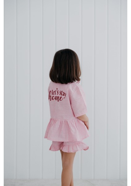 Bows In Pink Pembe Çizgili Balon Kollu Fiyonklu ve Nakışlı Kız Çocuk Pijama Üstü