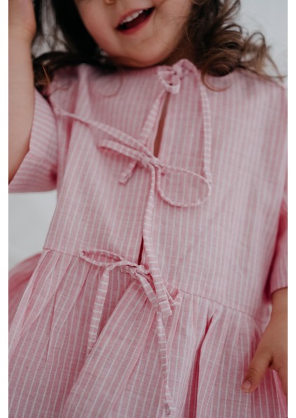 Bows In Pink Pembe Çizgili Balon Kollu Fiyonklu ve Nakışlı Kız Çocuk Pijama Üstü